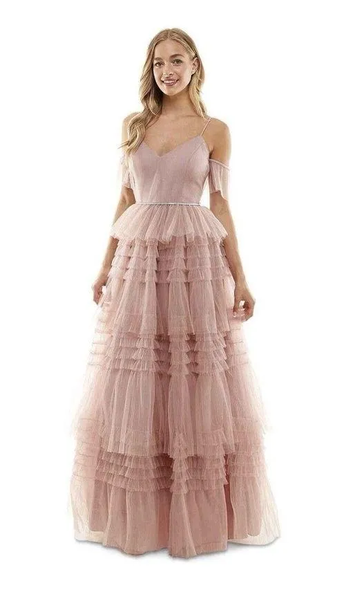 Say Yes to the Prom Juniors' Pleated Mesh Tiered Gown Dress Size 1 French Mauve - Image 2