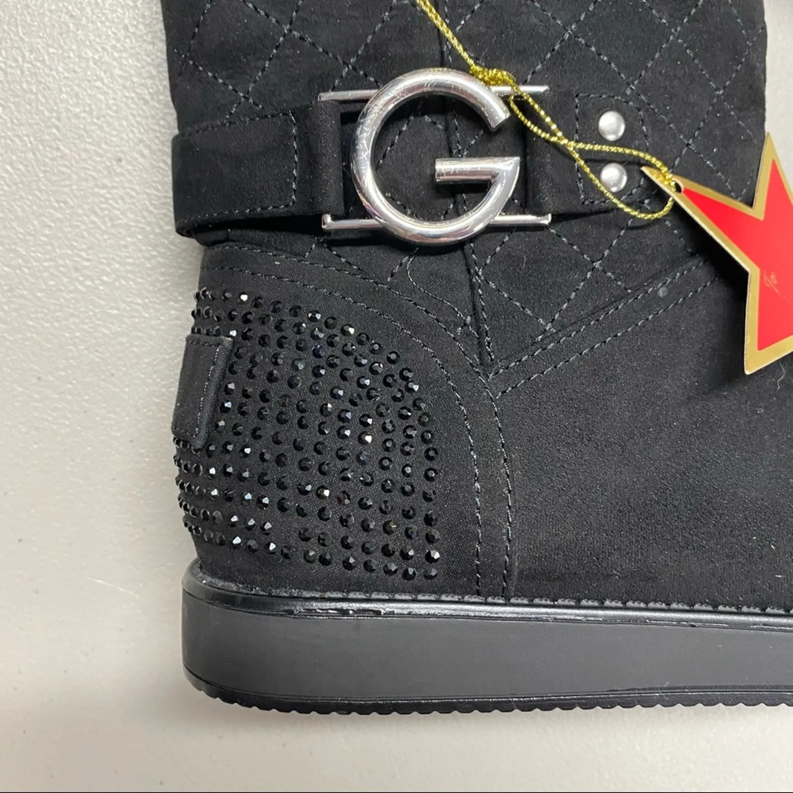 GBG Black Boots Faux Fur Sock Lining G Logo Buckle Studded Heel Womens Size 6 - Image 3