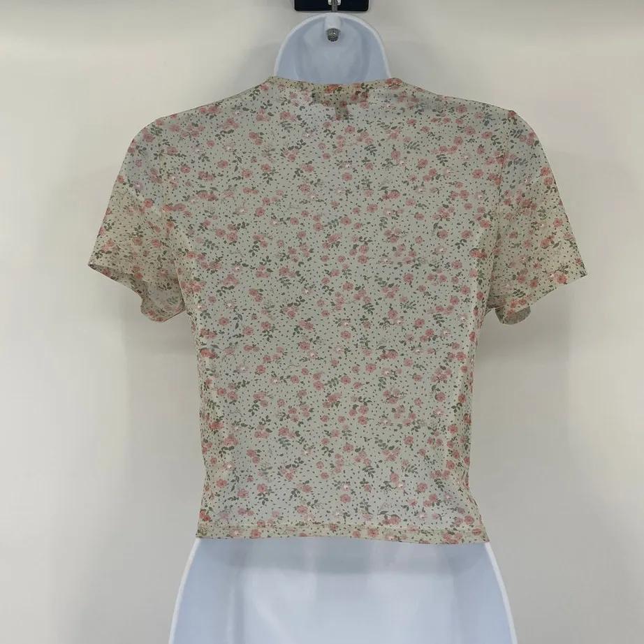 Coquette Y2K Mini Floral Mesh Top Sz M Deep V Ruch Festival Crop Cottage Fairy Green Size M - Image 7