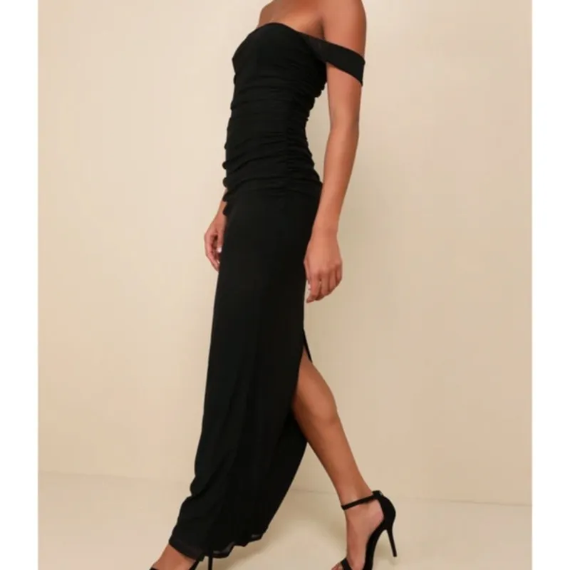 Lulus NWOT Amazing Presence Black Mesh Flirty Ruched Column Maxi Dress Small - Image 4