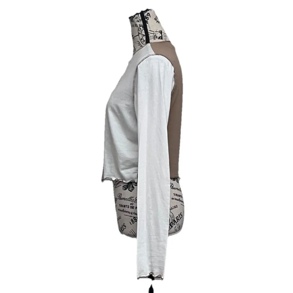 J & Sky Sun & Moon Colorblock Crop Top Brown White Long Sleeve Boho Edgy Biker L Tan Size L - Image 4