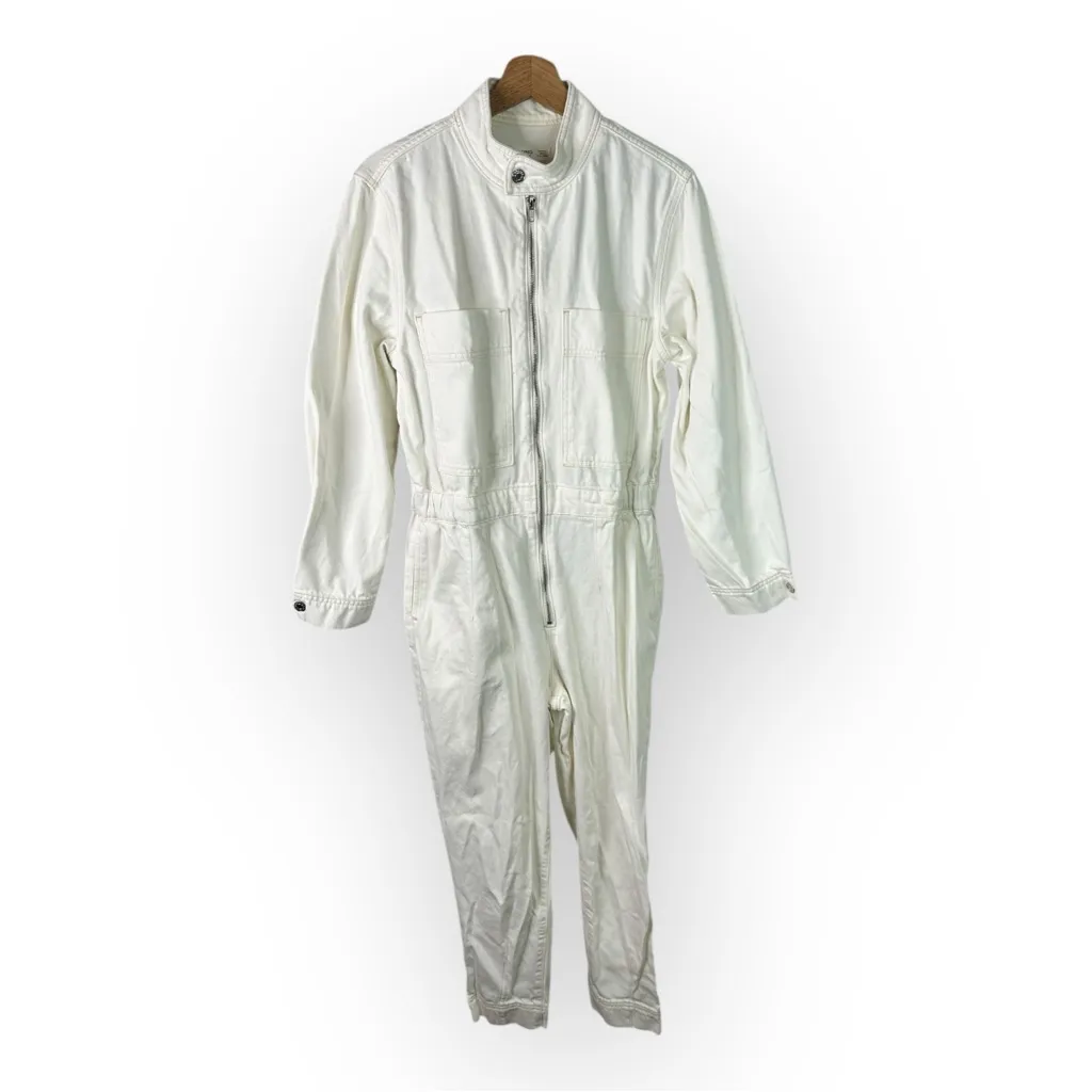 Mango size Large Long Sleeve Off White Utility Denim Jumpsuit Boilersuit - Image 4