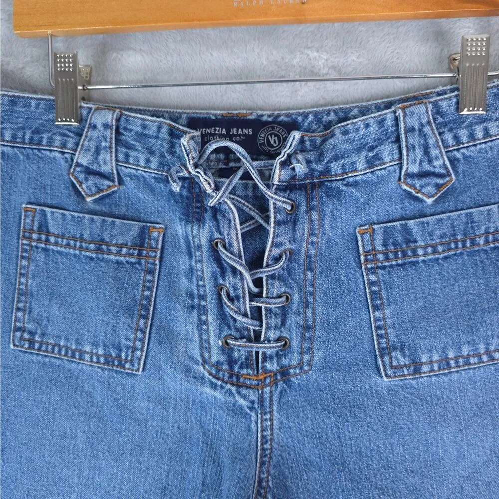 Venezia Jeans Shorts Womens 14 Blue Mid Rise Lace Up Cotton Denim Medium Wash - Image 3