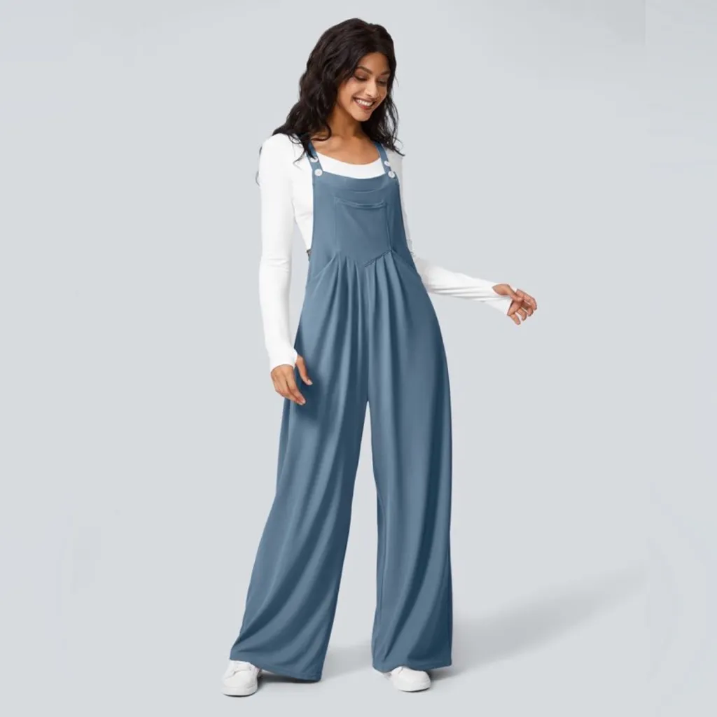 HALARA Adjustable Strap Button Pocket Waffle Knit Casual Wide Leg Overalls - Image 3