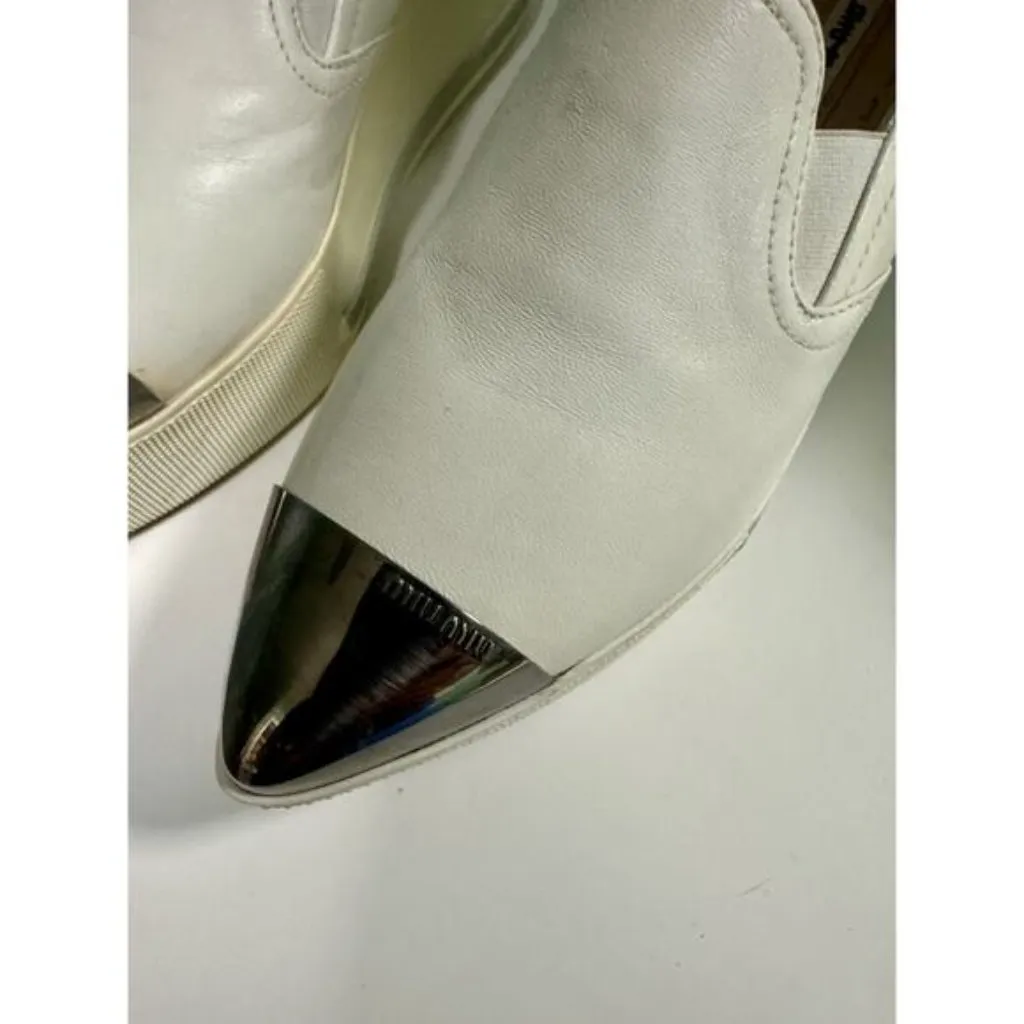 Miu Miu Platform Slip on Sneakers White Leather Silver Toe Cap - Image 2