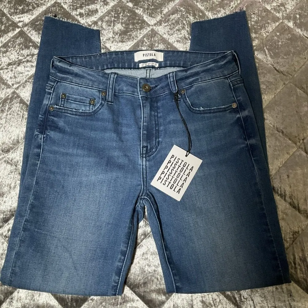 PISTOLA Audrey Mid Rise Skinny Transcend Blue Stretch Raw Split Hem Jeans 27 - Image 10