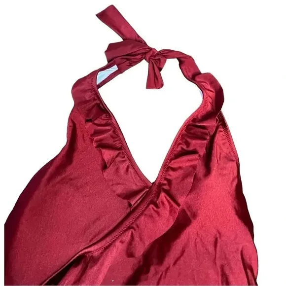 CUPSHE BURGUNDY‎ RUFFLE FRONT WRAP ONE PIECE HALTER SWIMSUIT WOMEN SIZE XL - Image 3