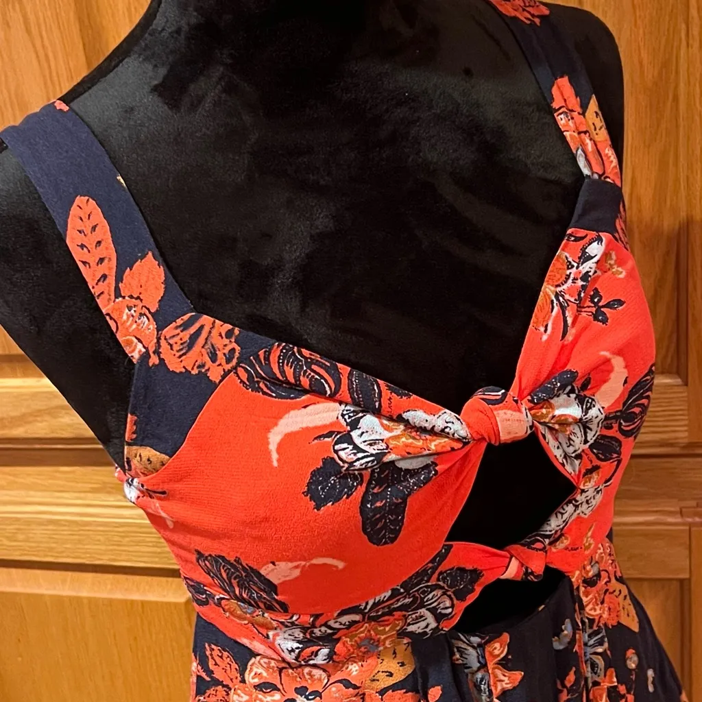 Free‎ People Baby It's You Navy Blue & Orange Floral Print Mini Dress Size Small - Image 12