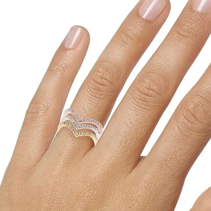 Inc Ring Set 3 Tri Tone Crystal Chevron Stackable Rings Size 5 Rose Gold Silver - Image 5