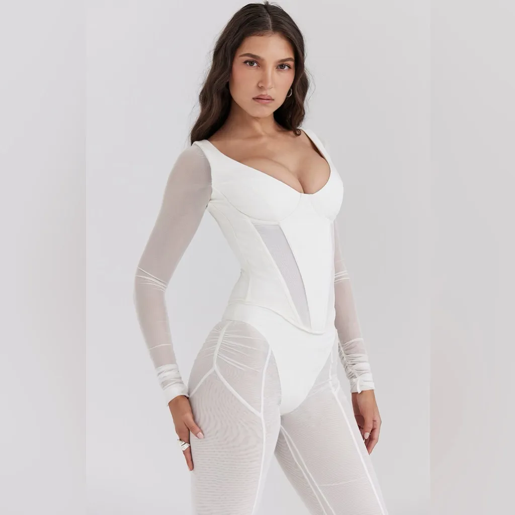 HOUSE OF CB L D-DD 'Araminta' White Long Sleeve Mesh Corset NWOT‎ - Image 8