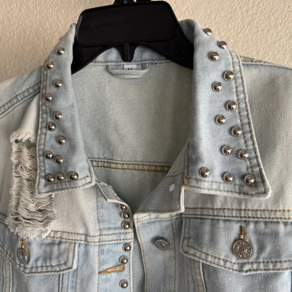 Studded Distressed Denim Vest Light Wash Jean Medium Grunge Streetwear Layered Blue - Image 7