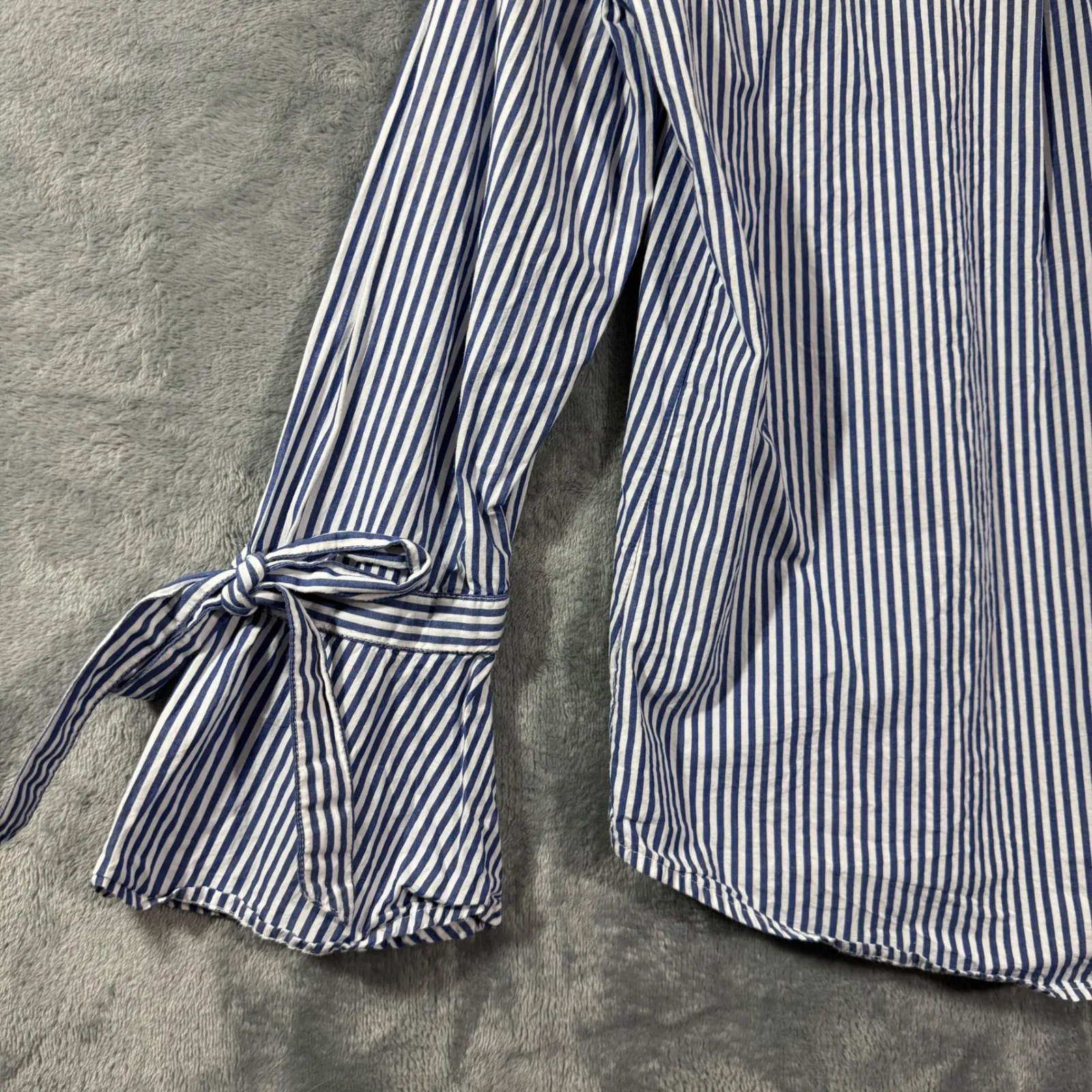 Esprit Blue White Stripe Button Up Shirt Bell Sleeve Tie Cuff Women Size 6 - Image 13