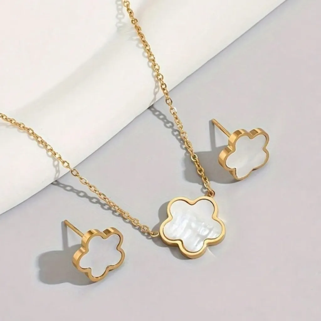 Gold filled over Stainless steel mothers of pearl clover necklace set jewelry - Image 9