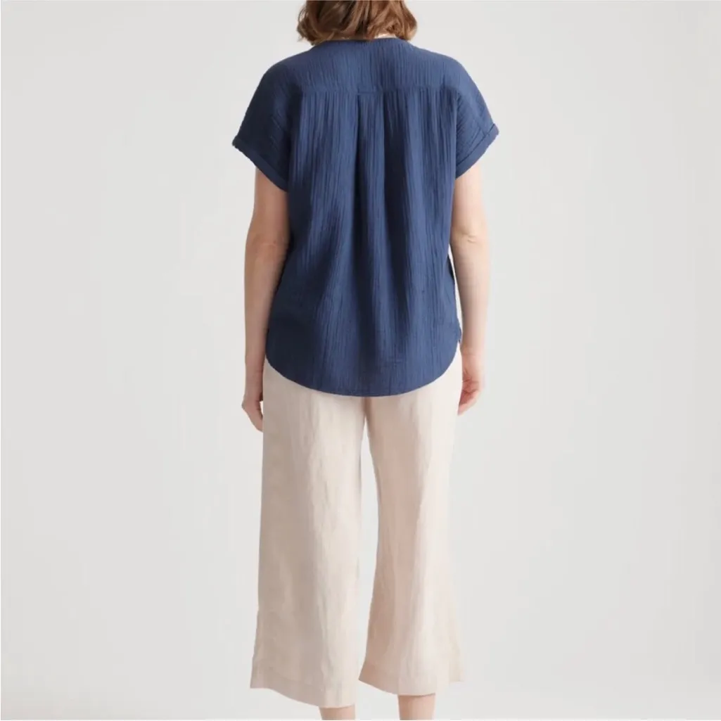 Quince 100% Organic Cotton Gauze Roll Sleeve Shirt in Indigo Blue Size Small - Image 3