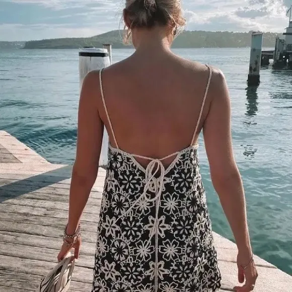 Zara Black and White Floral Mini Dress Crochet Knit - Image 3