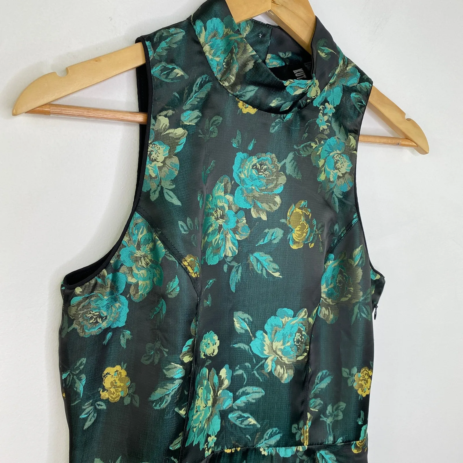 Kut from the Kloth Black Teal Floral Jacquard Mock Neck Mini Dress Size 4 Asian - Image 4