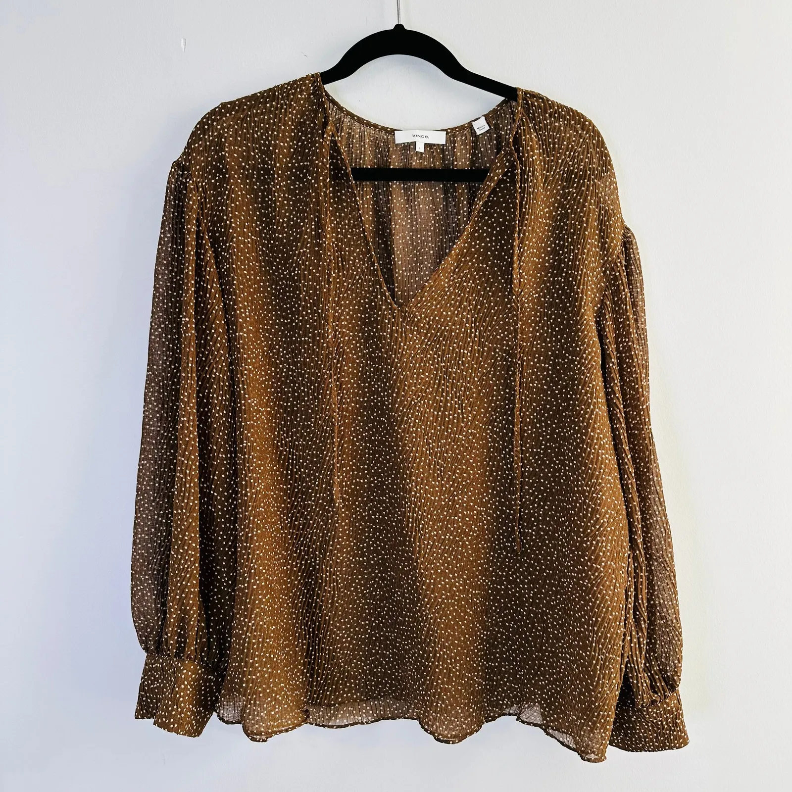 Vince Starry Dot Blouse Women's Large Brown Blouson Long Sleeves Crinkle Pleats - Image 3