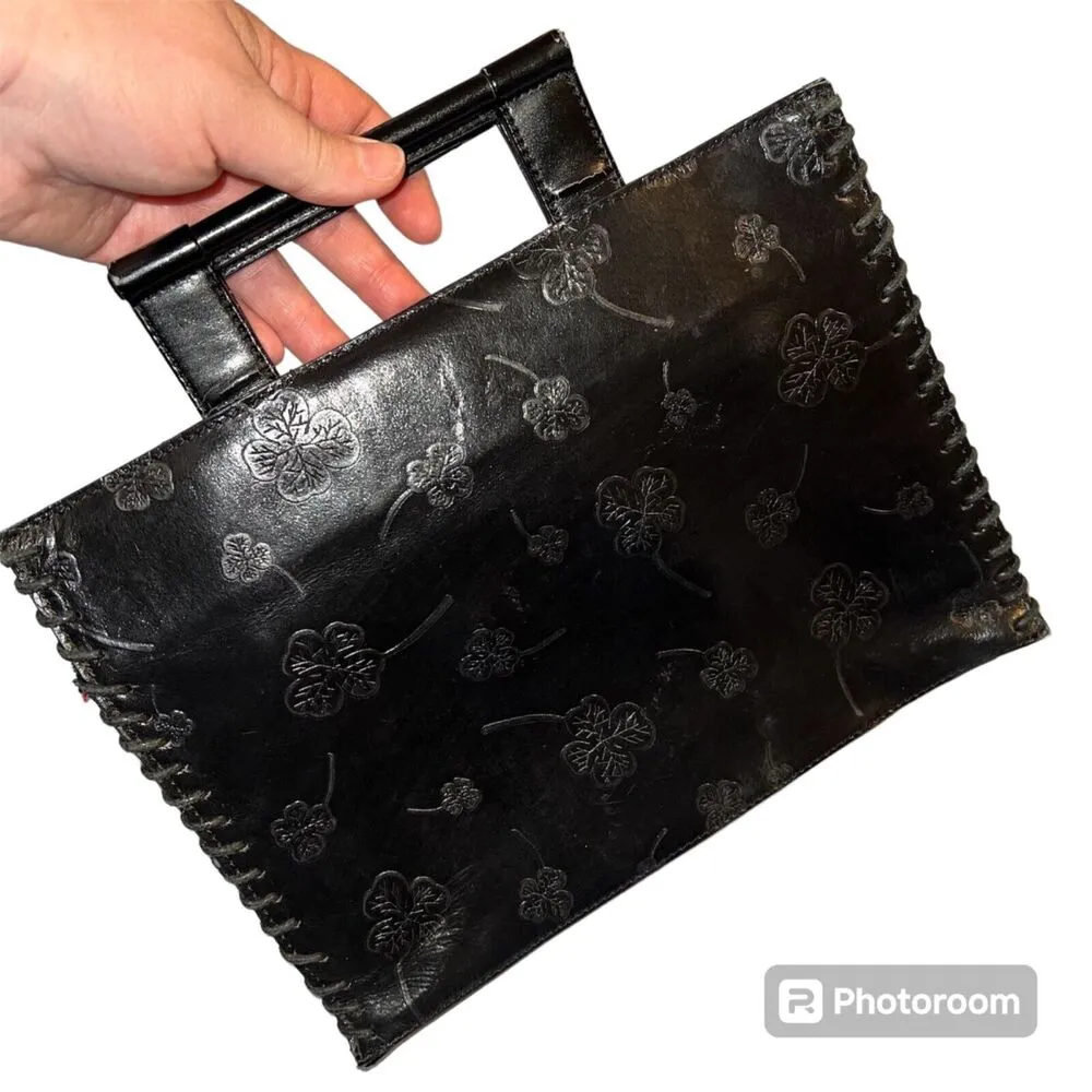 Vintage Mark Chantal MC Unisex Satchel Handbag Four Leaf Clover Design Black - Image 7