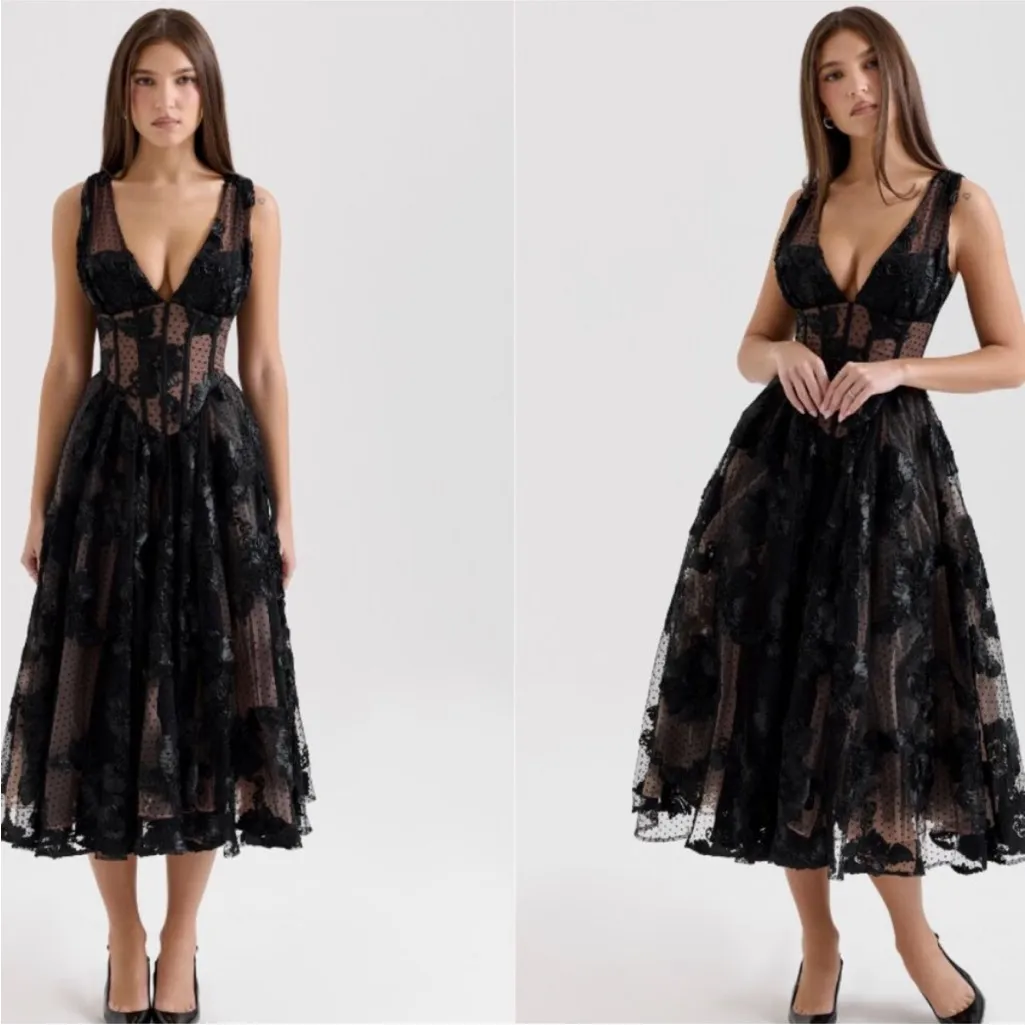 House of CB Sianna‎ Black Embroidered Tulle Corset Midi Dress NWOT Size XS - Image 12