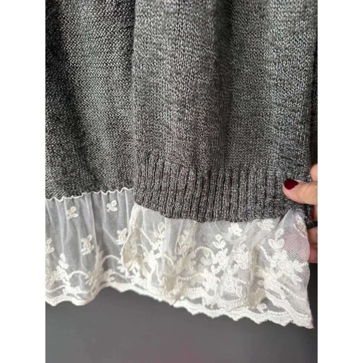 AB Studio Women's Gray Cardigan Sweater with Lace Trim, Size M - Image 9