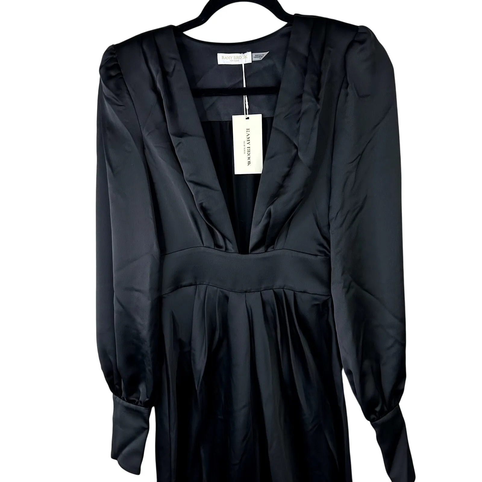 NEW Ramy Brook Madelane Black Satin Plunging Floor-Length Blouson-Sleeve Gown - Image 9