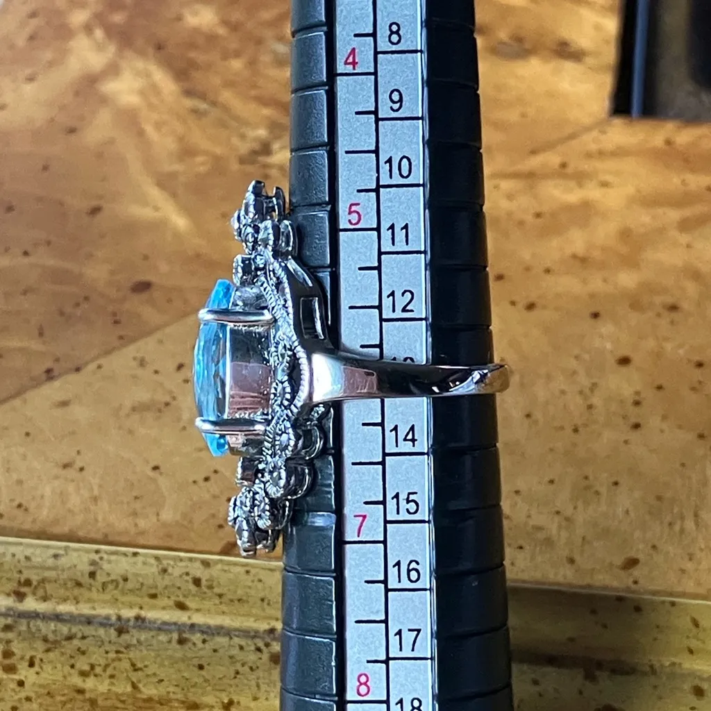 Sky Blue Topaz Marcasite Sterling Silver Cocktail Ring Size 6 - Image 8