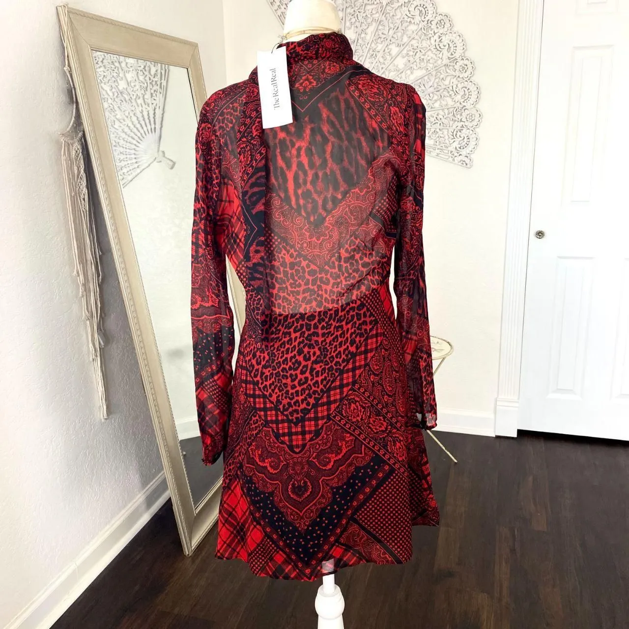 The Kooples Red Black Semi Sheer Mixed Print Tie Neck Mini Dress EUC L - Image 6