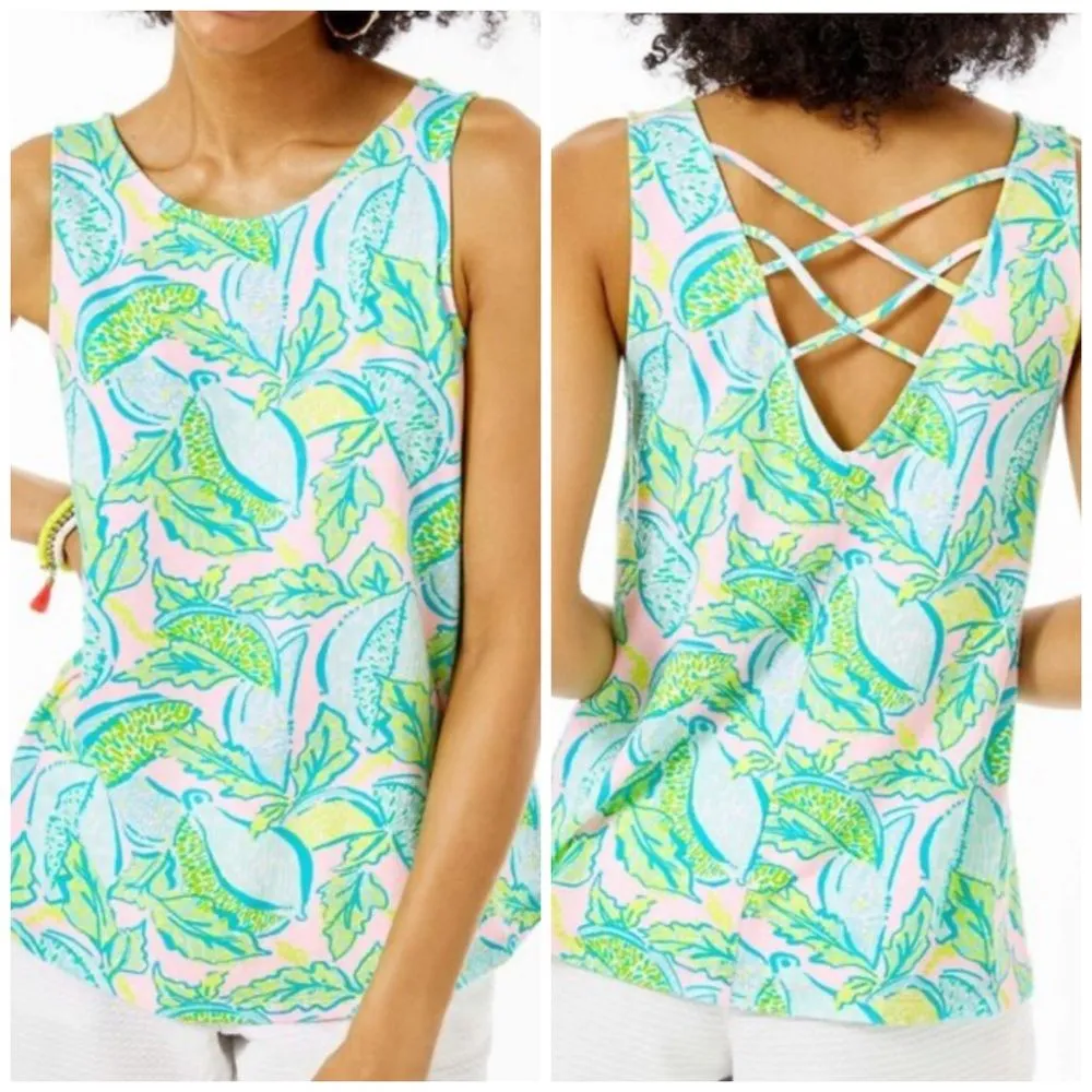 Lilly Pulitzer Lemon Grove Crisscross Back Tank Top Sz L Made in Peru - Image 2