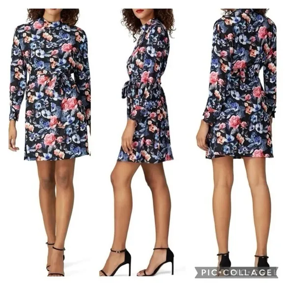 Rebecca Minkoff Trudy Dress Black Floral High Neck Mini XS Long Sleeve Party - Image 2