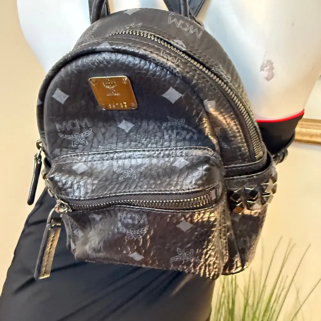 MCM AUTHENTIC Stark Bebe Boo Side Studs Backpack In Visetos Black - Image 6