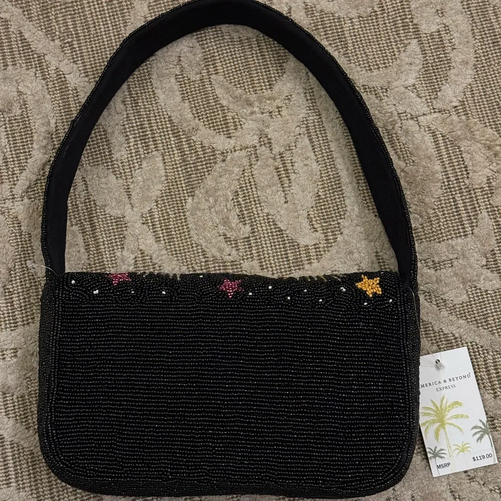 NWT Stars Hearts Eye Black Beaded Shoulder Bag Green America & Beyond Brand New - Image 2