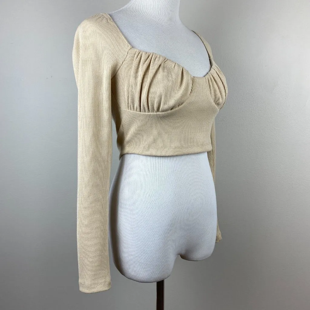 Princess Polly Crop Top 6‎ Beige Ribbed Knit Sweetheart Ruched Long Sleeve - Image 3