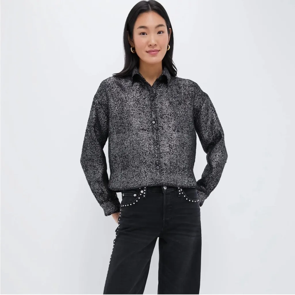 NWT Tuckernuck metallic tweed jasper cropped button down size L - Image 3
