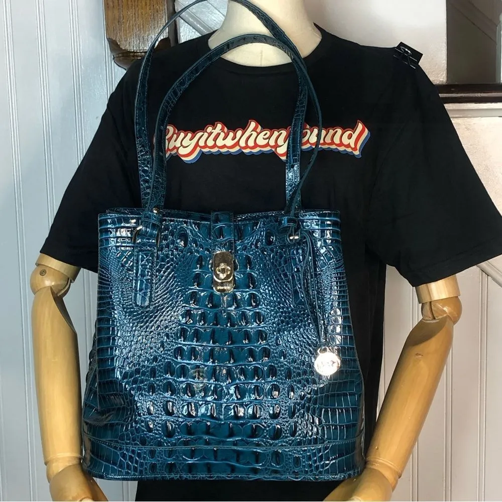 BRAHMIN Teal Crocodile Leather Melbourne Turn Lock Shoulder Bag NWOT - Image 4