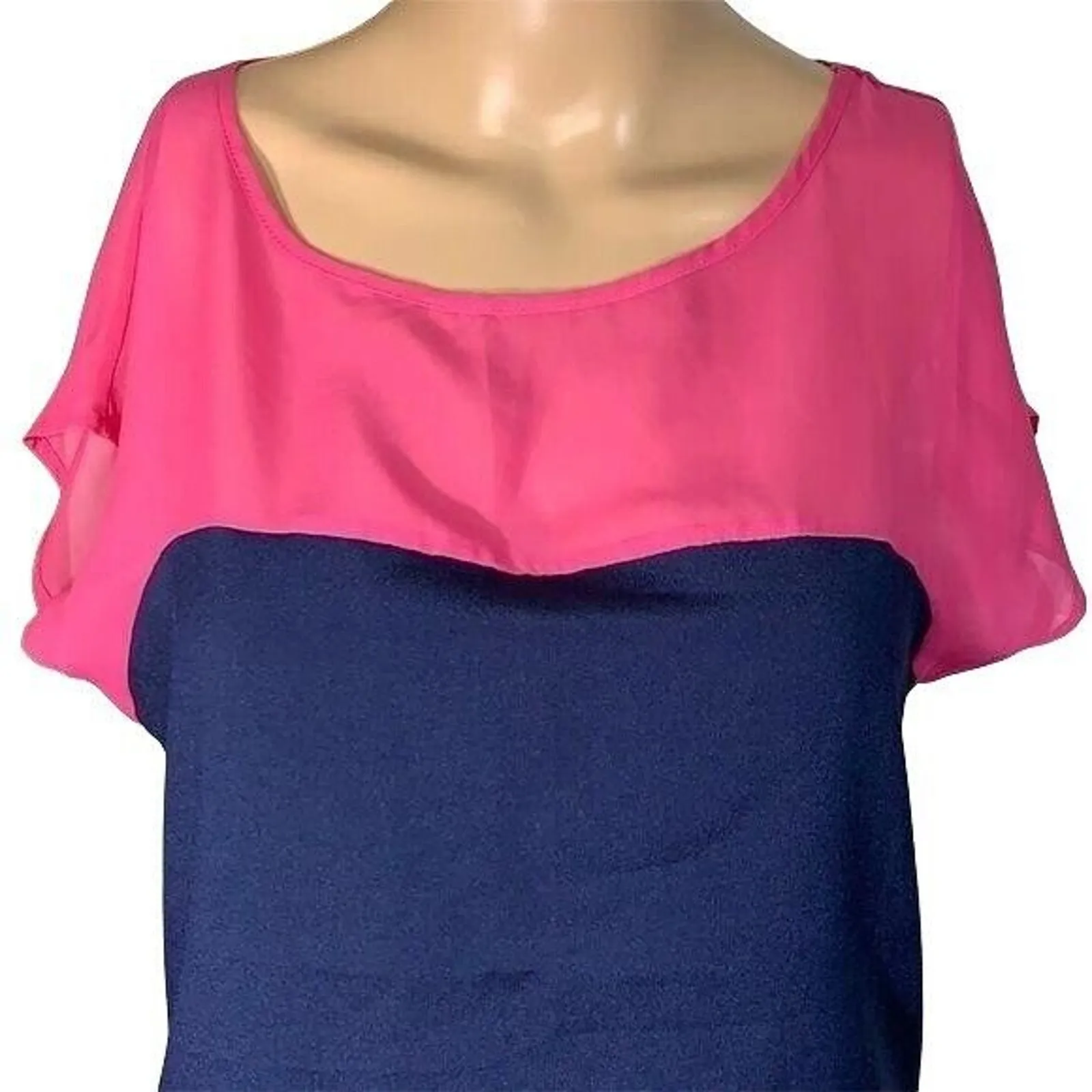 Hot Tempered Womens Blouse Top Shirt Colorblock Silky Pullover Pink Blue Medium - Image 4