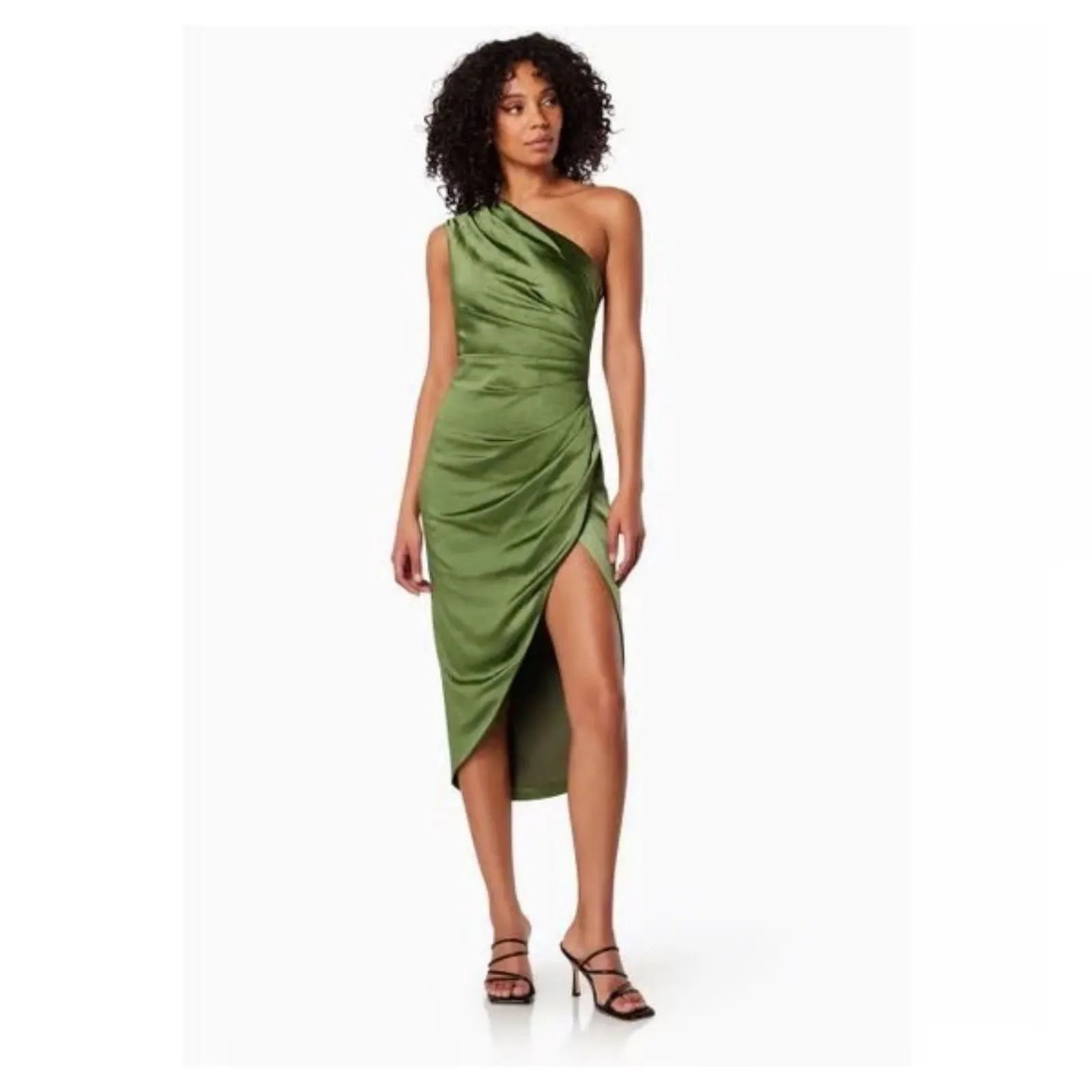 Elliatt Green Satin Cowl Neck Midi Dress Sz M One Shoulder Event Formal Wedding - Image 2