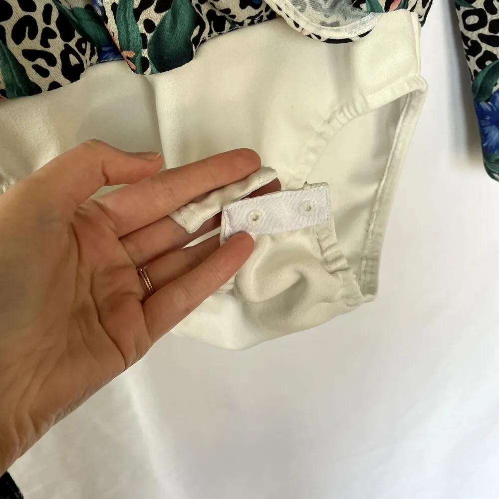 Parisian leopard print blue and orange flowers polka dotted bodysuit v - Image 5