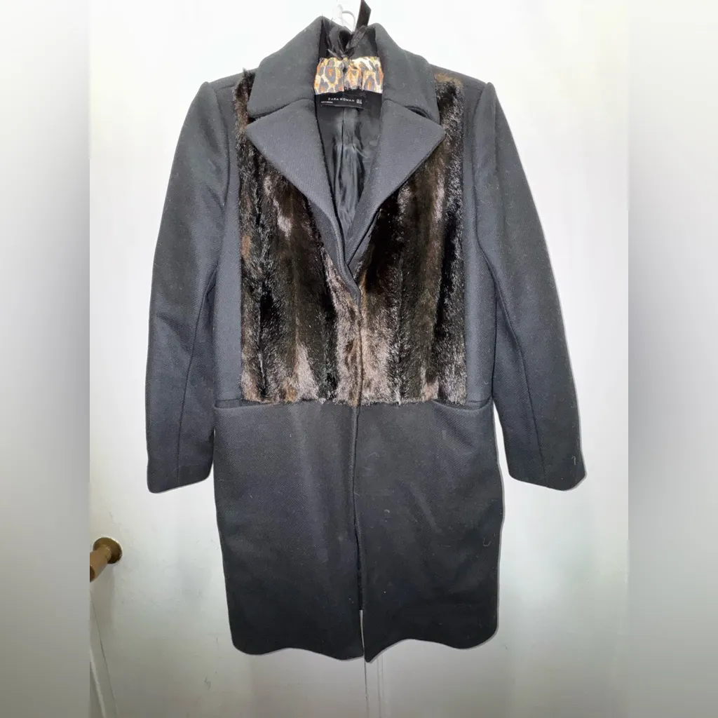 Zara Black Wool Faux Fur Contrasting Coat Medium - Image 7