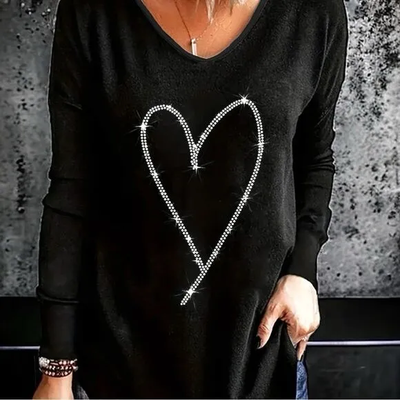 Black long sleeved lightweight top with pretty rhinestone heart shaped design! Size XXL - Image 1