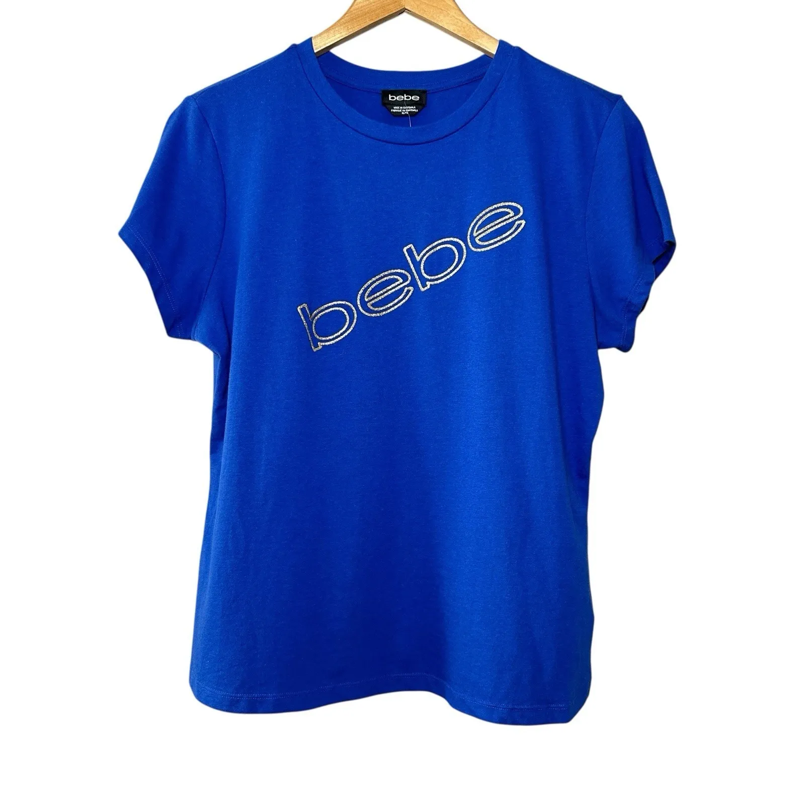 Bebe Women's Logo Graphic Tee Blue Gold Glitter Surf‎ The Web T-Shirt XL Retro - Image 2