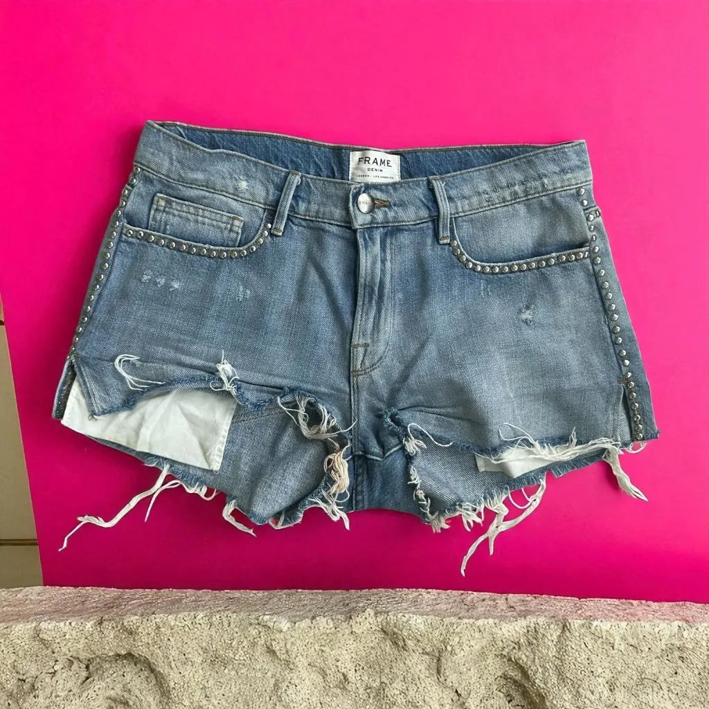 FRAME Light Wash Cutoff Studded Trim Denim Shorts Size 27 - Image 3