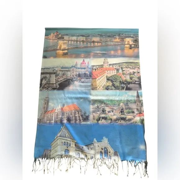 Large Hungarian Budapest Shawl Cloak Pashmina Cashmere Wrap Fringe Blue 75X30” - Image 2