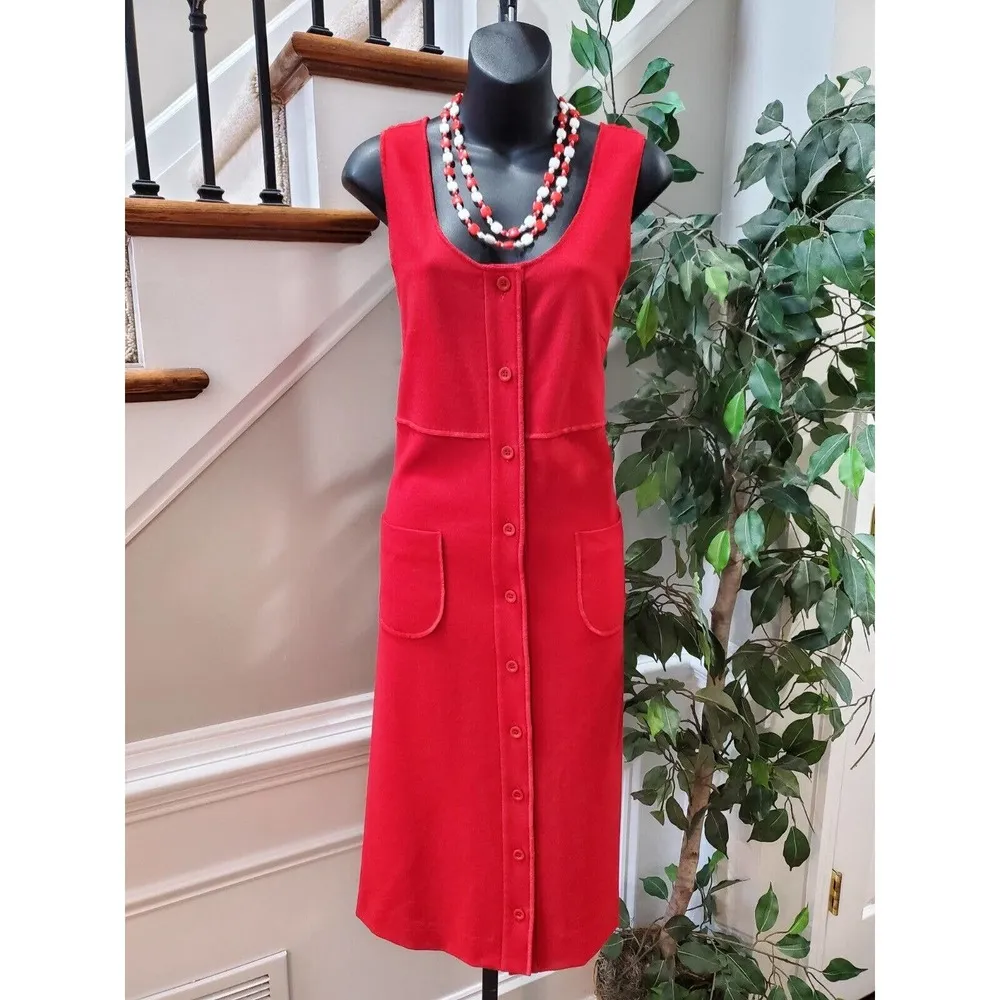 VTG Dick Schulman Solid Red Polyester Scoop Neck Sleeveless Midi Length Dress 10 - Image 9