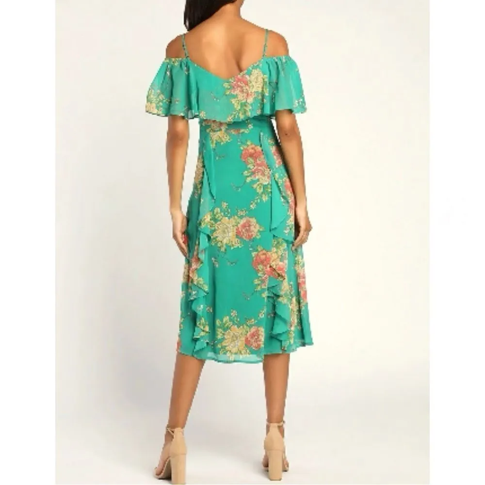 Lulus‎ Romantic Love Floral Chiffon Ruffle Cold Shoulder Midi Dress Green XS - Image 5