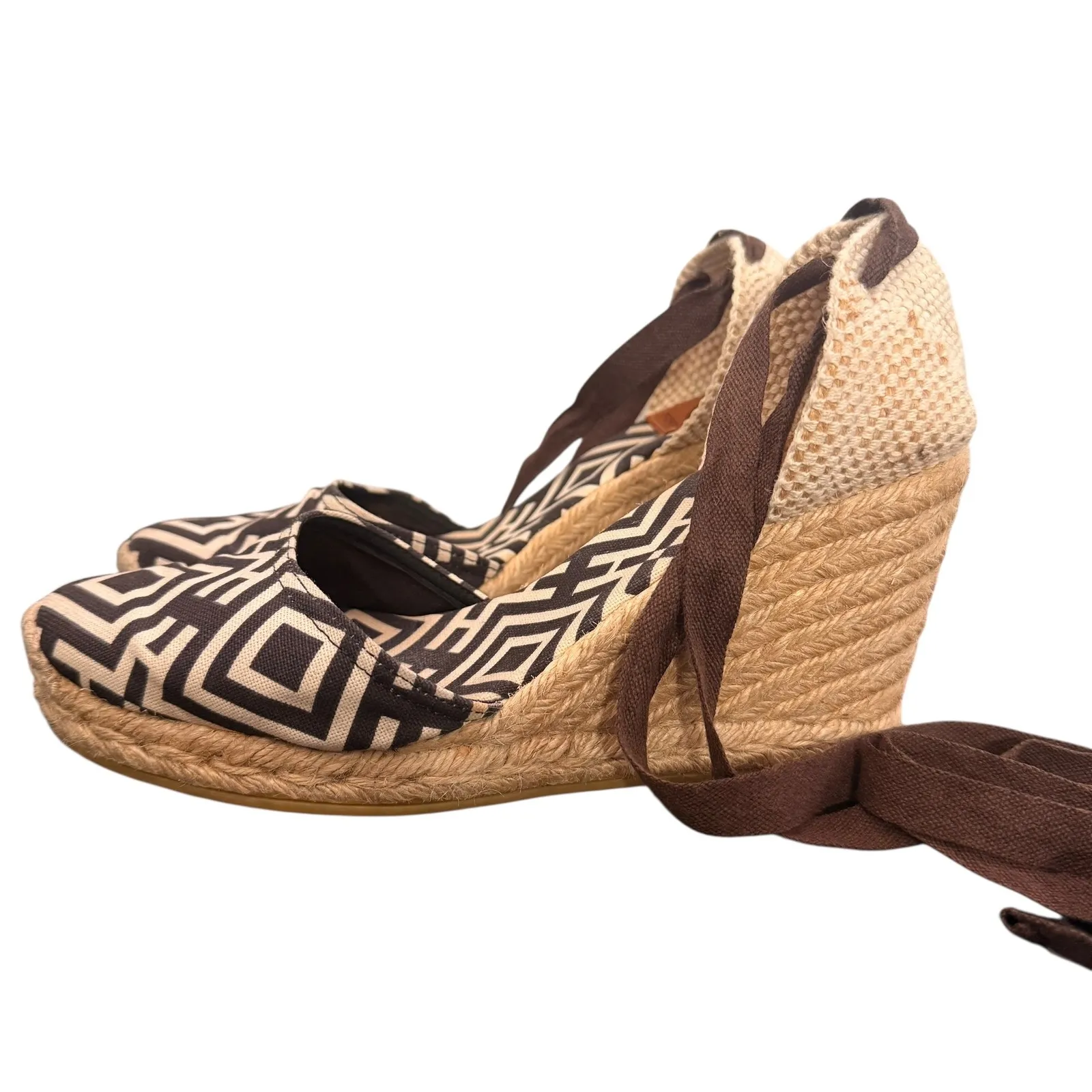 Tory Burch Wedge Espadrille Lace Up Ankle Strap Size 38 Geometric Print Canvas‎ - Image 4