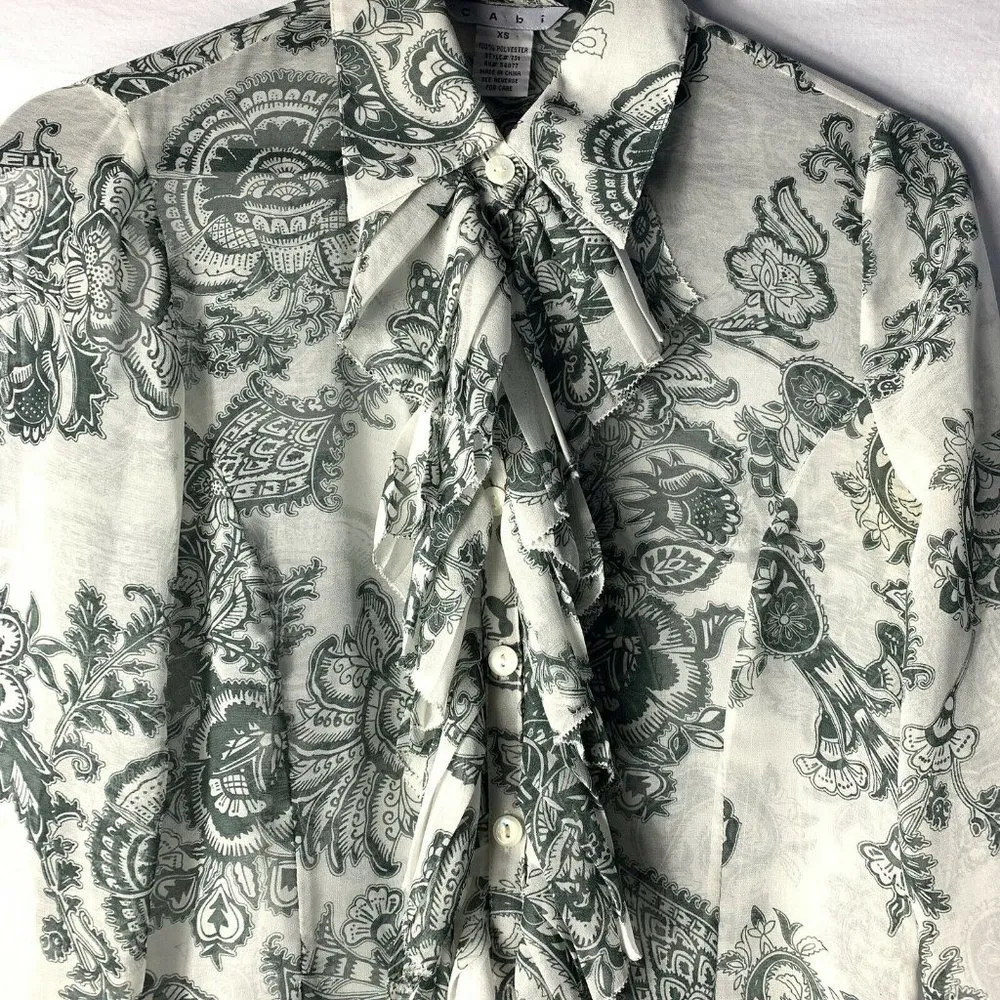 CAbi Womens Ruffle Blouse Size XS white Black Sheer Paisley Chiffon Career - Image 2