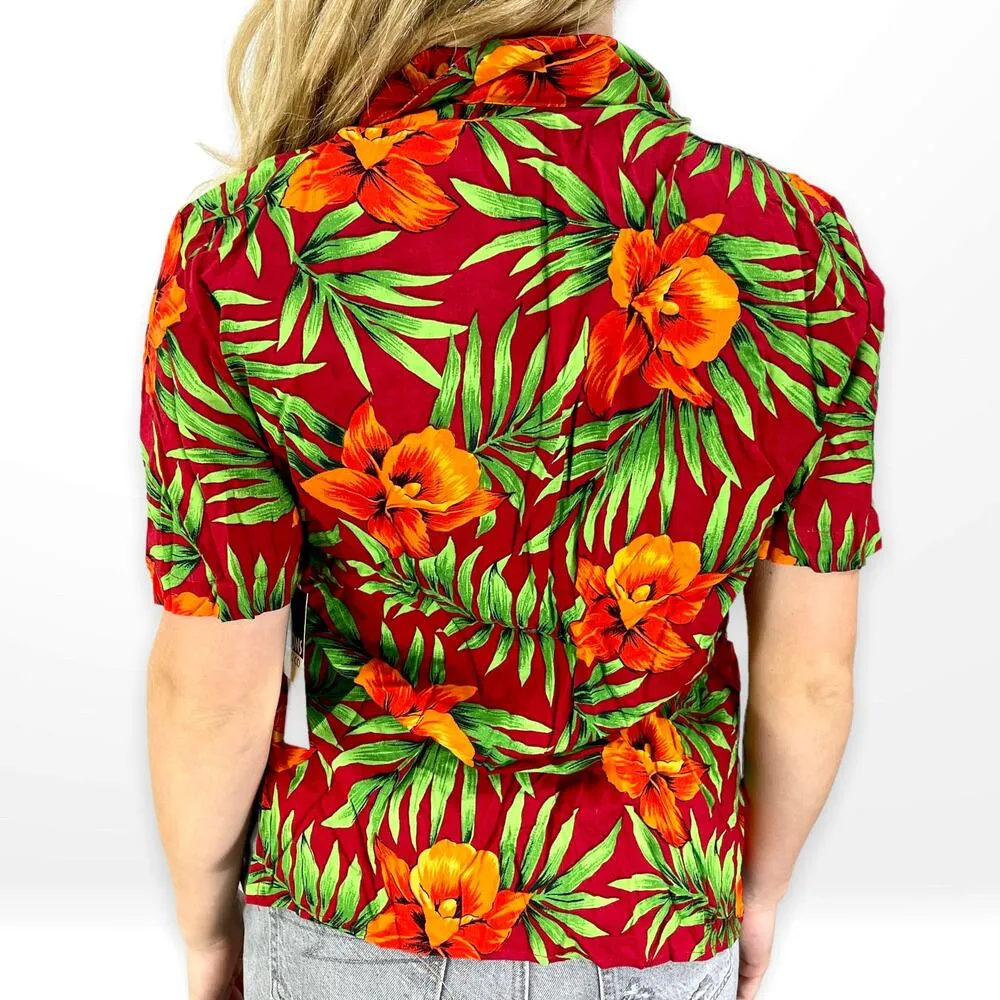 90s NOTATIONS Vintage Red Floral Hawaiian Print Button Up - Image 3