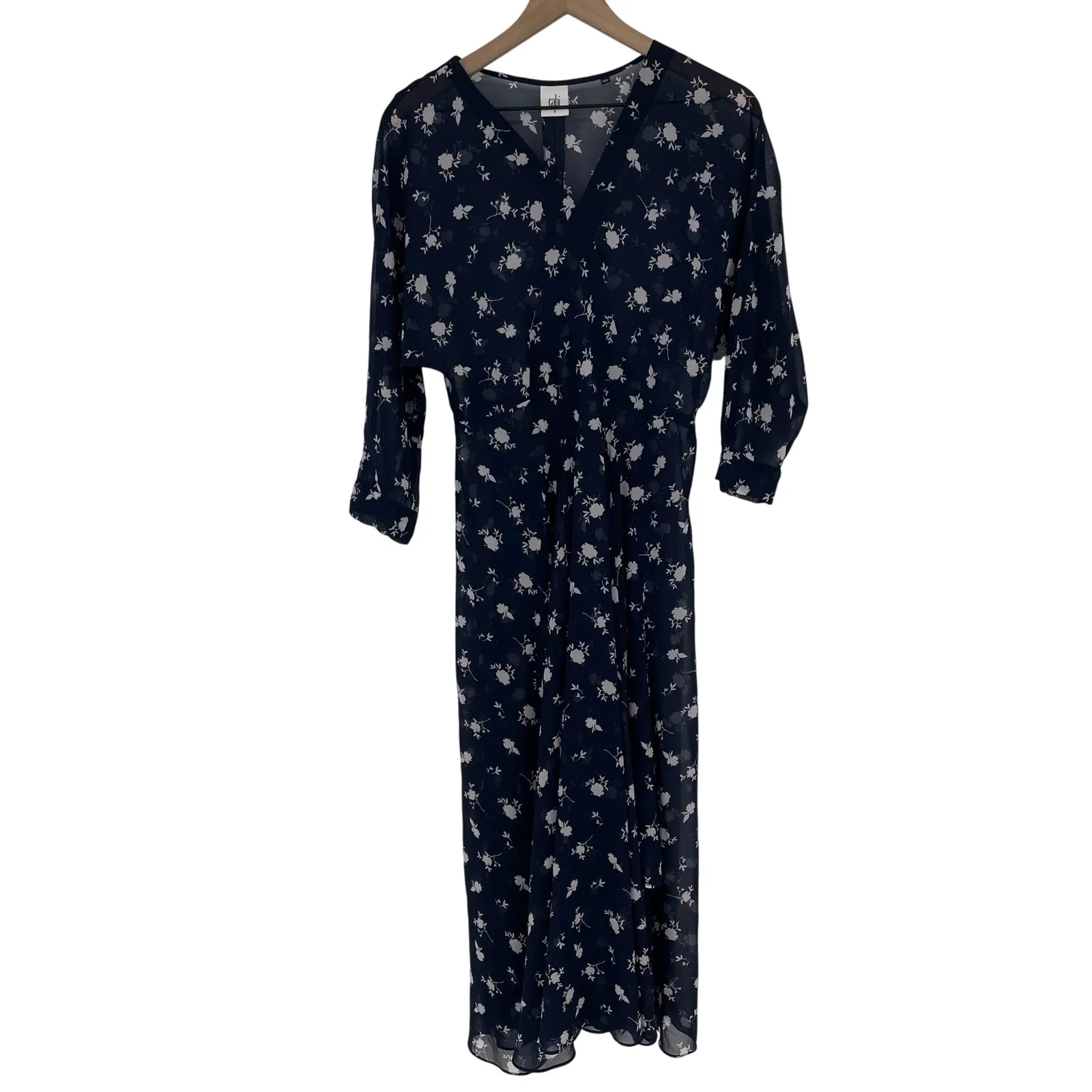 Cabi Navy Floral Print Midi Dress Size 6 V Neck Sheer Sleeve - Image 2