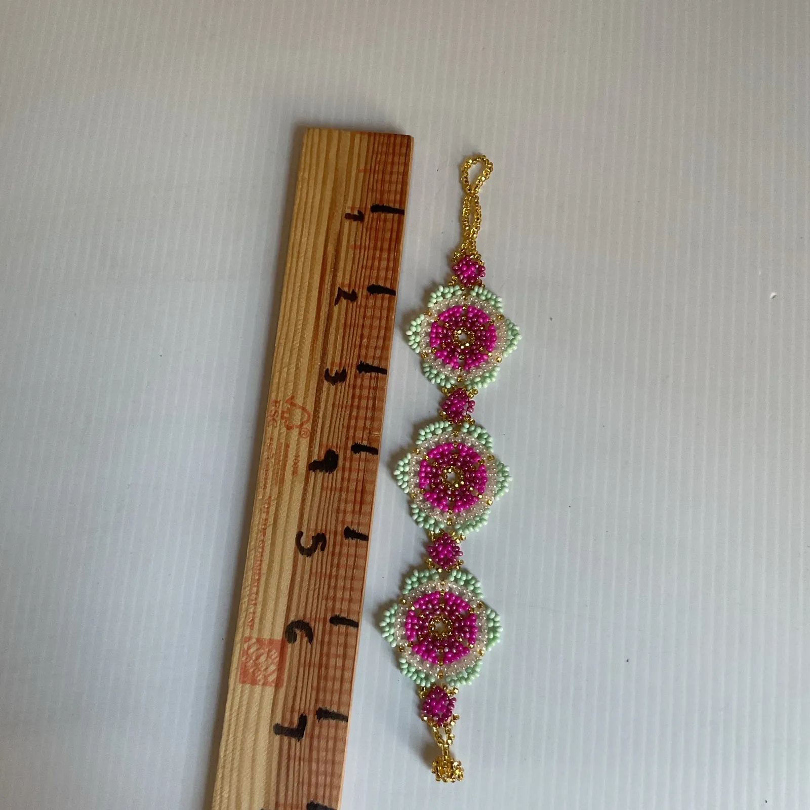 Handmade Beaded Bracelet Pink & Mint Floral Design Huichol Style Artisan New - Image 6