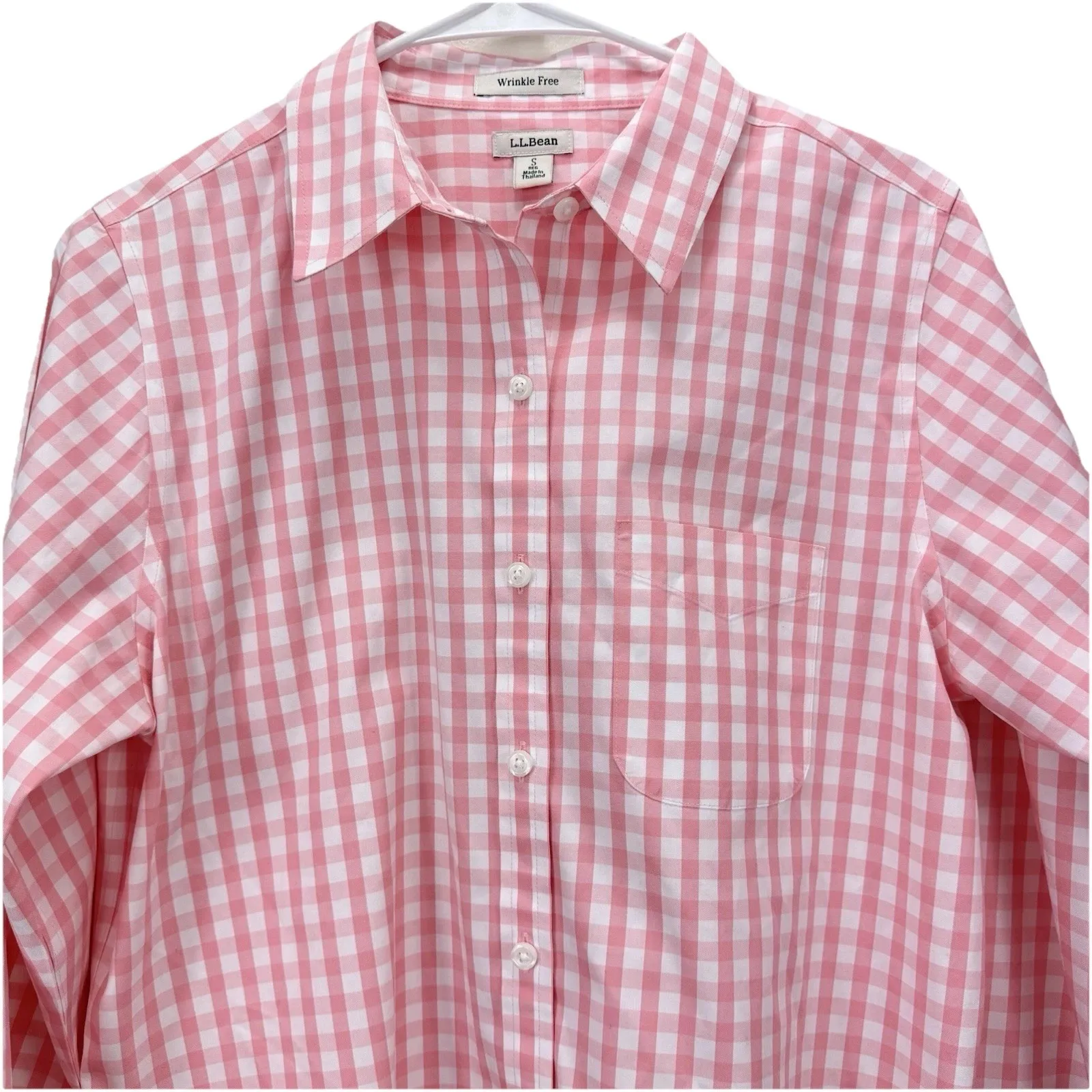 LL Bean Pink Gingham Wrinkle Free Pinpoint Oxford Long Sleeve Button Shirt SMALL - Image 3